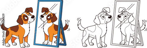 Curious Puppy Looking in Mirror Cartoon Illustration for Self Reflection and Animal Themes