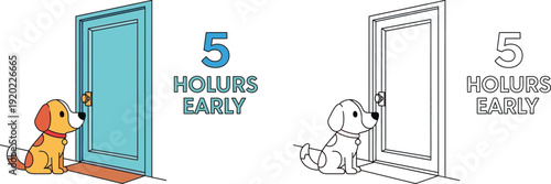 Eager Puppy Waiting by Door 5 Hours Early Cartoon Illustration for Pet Anticipation and Humor