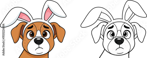 Sad Puppy in Bunny Ears Headband Cute Cartoon for Easter Costumes and Pet Themes