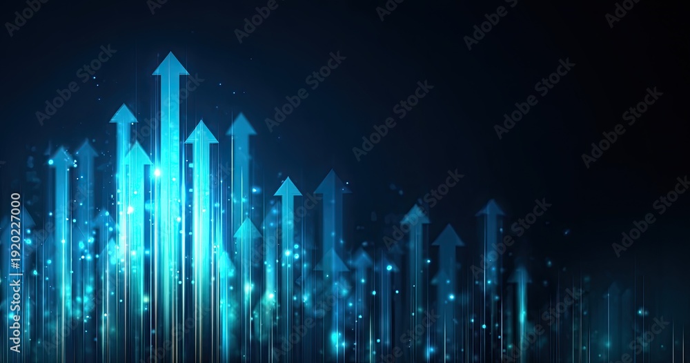 Fototapeta premium A digital art piece depicting glowing, upward-pointing arrows against a dark blue background