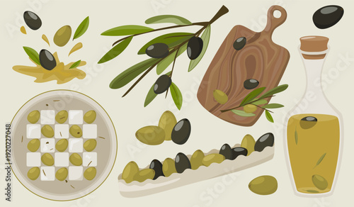 Mediterranean food composition featuring olive oil bottle, black and green olives, olive branch, feta cheese salad and wooden cutting board.