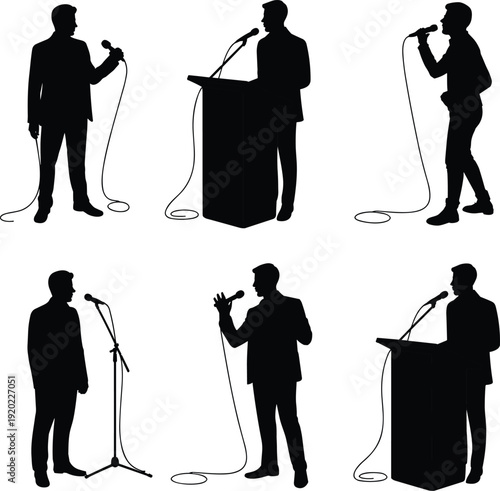 Black silhouette set of man public speaking with microphone on stage, businessman giving presentation at podium, orator flat vector illustration