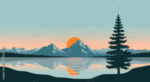 Serene mountain lake at sunrise with pine tree and majestic snow-capped peaks