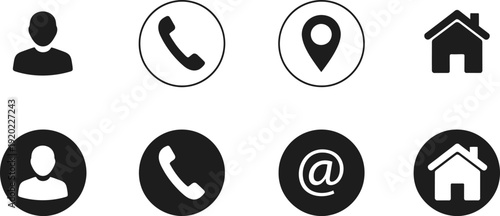 Set of black and white contact with person phone location and home symbols