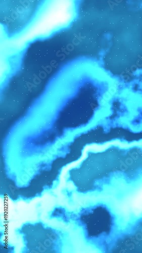 Glowing particles swirl in blue and white fluid motion