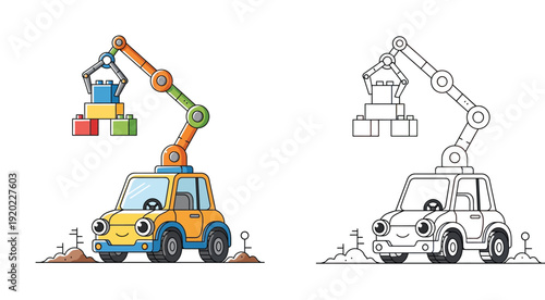 Cute Cartoon Car with Robotic Arm Lifting Toy Blocks, Color and Outline Coloring Page Illustration