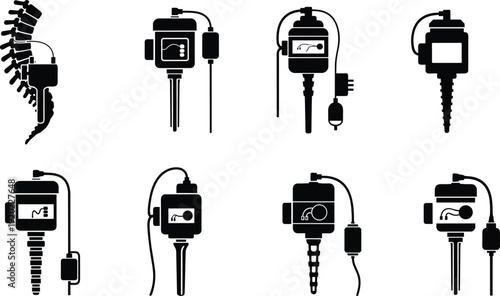 Black and white of various dental equipment medical