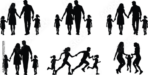 Black silhouettes of adults and children walking holding hands family