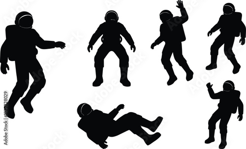 Black silhouettes of astronauts in various poses space suits helmets