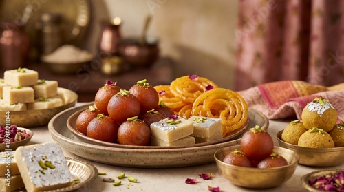 Assorted Indian sweets on decorative plates and bowls