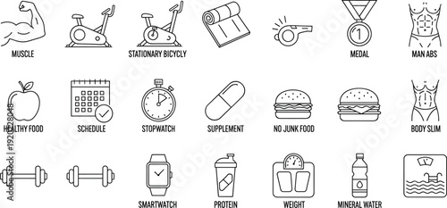 Fitness and Healthy Lifestyle Line Icons Set Gym Nutrition Workout Vector Illustration