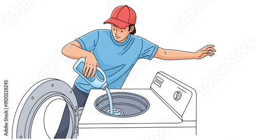 A man in a red cap and blue shirt pours liquid detergent into a top-loading washing machine, with another washing machine or dryer nearby.