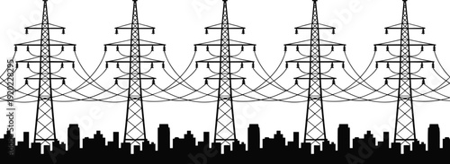 High voltage transmission towers and power lines over urban city skyline silhouette, modern electric grid infrastructure and energy distribution network concept illustration.