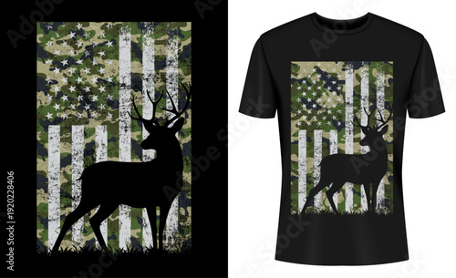 Camo US Flag Deer Elk Buck Camoflage Hunting T-shirt Design