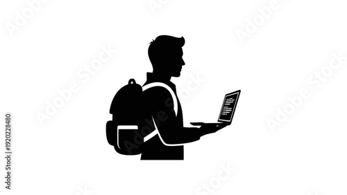 Silhouette of a student with a backpack holding a laptop.