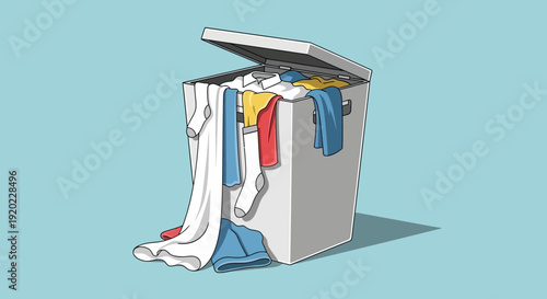 An overflowing laundry hamper filled with dirty clothes against a light blue background.