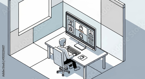 Man sitting at desk with computer in a room.