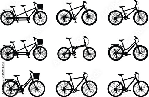 Bicycle silhouettes collection featuring city bikes, mountain bikes, tandem and folding bicycles, black isolated vector set for urban transportation and cycling design