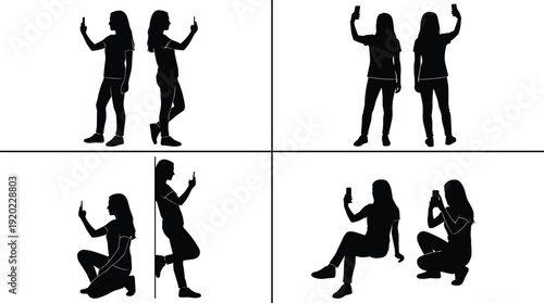 Set of woman silhouette using smartphone taking selfie standing sitting leaning and crouching flat vector illustration isolated on white background