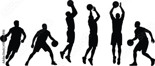 Basketball player silhouettes collection, dribbling shooting jumping poses set, black isolated vector illustration, sports action concept design