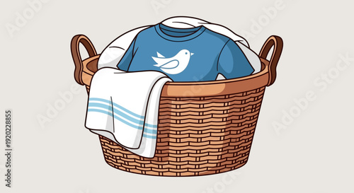 A brown wicker laundry basket filled with various clothes, including a blue t-shirt and white towels.