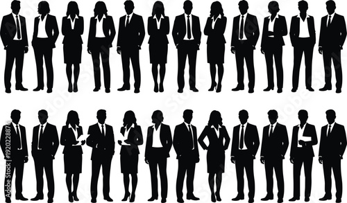 Business people silhouettes collection, professional men and women standing in suits, corporate team black isolated vector illustration