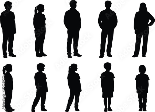 Children and teenager silhouettes collection, boys and girls standing poses set, black isolated vector illustration for youth concept