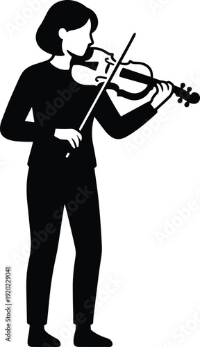Woman playing violin musical instrument performer classical music artist violinist silhouette standing female musician flat vector illustration isolated on white background