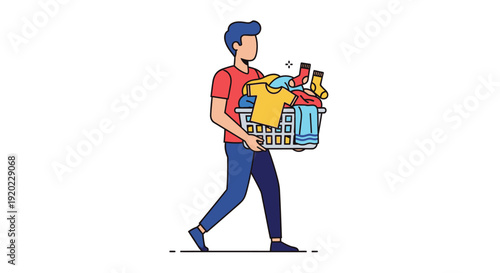 A man carrying a full laundry basket, walking to do his household chores and washing.