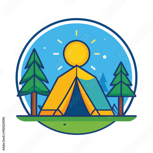 Camping tent in forest at sunrise with trees and nature emblem