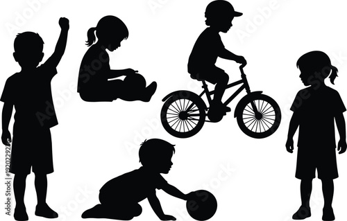 Children activity silhouettes collection, kids playing cycling sitting and standing poses, black isolated vector illustration set
