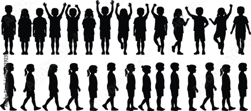 Children silhouettes collection, kids standing walking and raising hands poses, black isolated vector illustration set for education concept