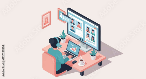 Person working remotely on laptop with video conferencing on large monitor.