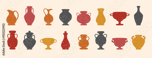 Textured ceramics vase silhouette set. Ancient amphora, greek antiques vases. Different old pottery and vessels, clay pitchers, jug. Creative decor flat vases shapes 