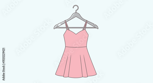 A simple vector illustration of a light pink sleeveless dress with a flared skirt hanging on a grey clothes hanger.