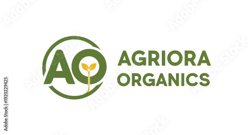 Agriora Organics logo design featuring a stylized AQ lettermark with a growing leaf sprout, representing organic agriculture and natural products, on an isolated white background.