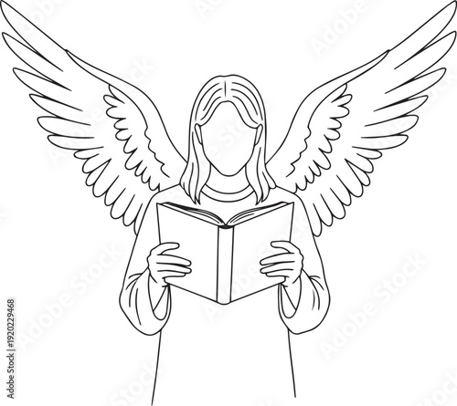 Angel with large feathered wings reading an open book line