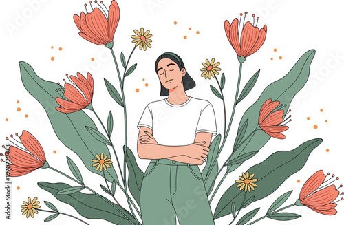Calm Woman Standing Among Flowers Self Care Mental Wellness Concept Vector Illustration