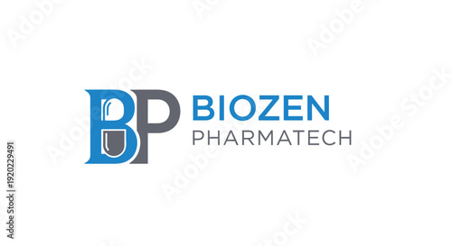 Biozen Pharmatech Monogram Logo with Modern Blue and Grey Typography on Isolated White Background