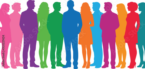 Colorful business people silhouettes collection, diverse men and women standing group, vibrant isolated vector illustration for teamwork concept