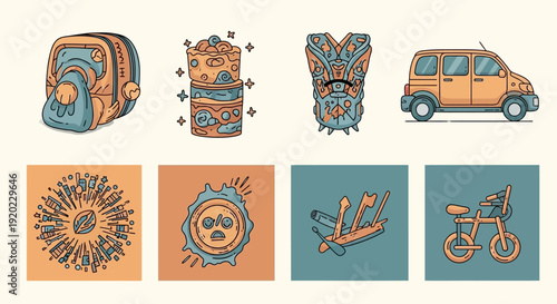 Collection of six whimsical travel and adventure-themed illustrations including backpack, pillar, mask, van, gears, and bicycle in bright studio.