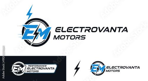 Dynamic FM monogram logo with a lightning bolt and wheel symbol, representing electric motors and automotive industry on isolated white background.