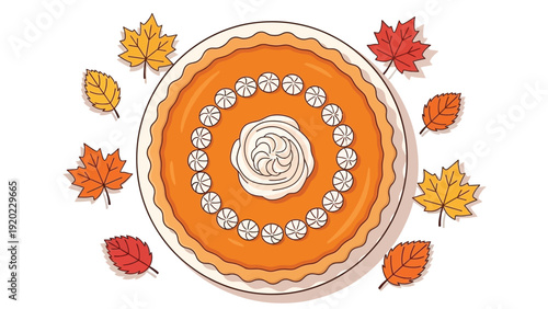 Flat lay illustration of a pumpkin pie with whipped cream and marshmallows surrounded by colorful autumn leaves on a white background.
