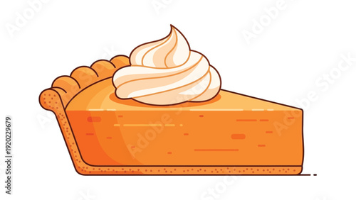 A slice of pumpkin pie with whipped cream topping on a plain white background in a cartoon style.
