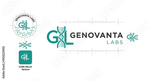 Modern green GL monogram logo with DNA helix and measurement elements, representing scientific laboratory on isolated white background.