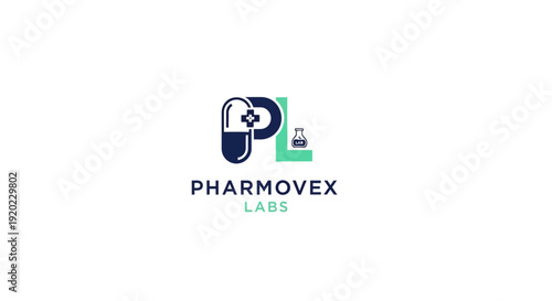 Pharmovex Labs Logo with Medical Capsule and Beaker, Pharmaceutical and Laboratory Branding on an isolated white background