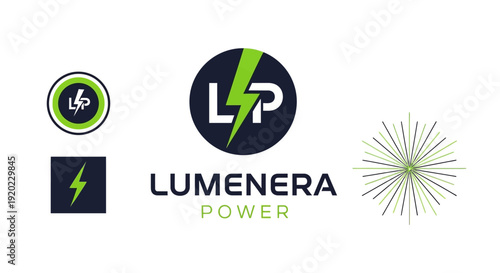 Lumenera Power Logo Collection with Lightning Bolt and 'LP' Letters, Energy and Electricity Branding on an isolated white background