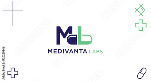 Medical and pharmaceutical logo for Medivanta Labs with abstract cross and pill icons, isolated white background.