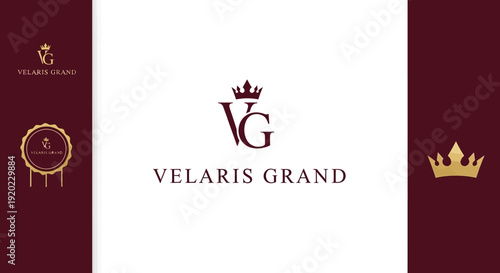 Elegant luxury logo for Velaris Grand with a gold crown and "VG" monogram, in a sophisticated dark brown and gold setting.