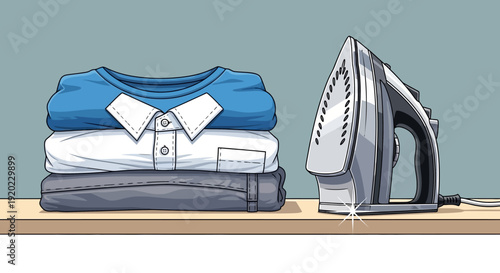 A neatly folded stack of clothes, including a blue t-shirt, white shirt, and grey pants, next to a shiny silver iron on a wooden surface.